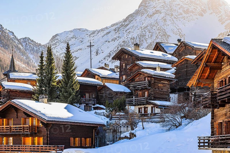 Snow-covered old farmhouses, large wooden cross, historic town center, Grimentz, Val d'Anniviers, Valais Alps, Canton of Valais, Switzerland