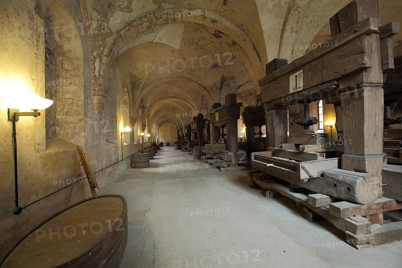 Lay refectory with historic wine presses, wine press, UNESCO Eberbach Abbey, Eltville, Rheingau, Taunus, Hesse, Germany