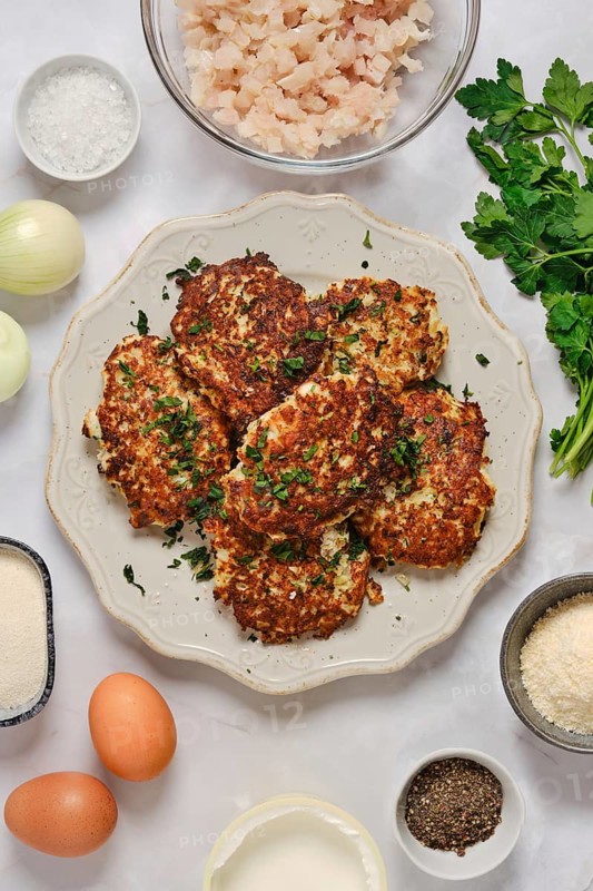 Fish patties are served on a plate. Chopped fish, herbs, onion, eggs, and seasonings are displayed nearby on a table. This scene shows the preparation of a meal in a home kitchen space