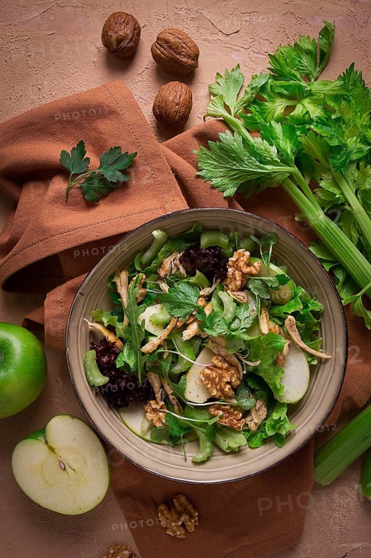 Fresh, Waldorf salad, celery stalk with chicken, apple and walnut, grapes, herbs, homemade, no people