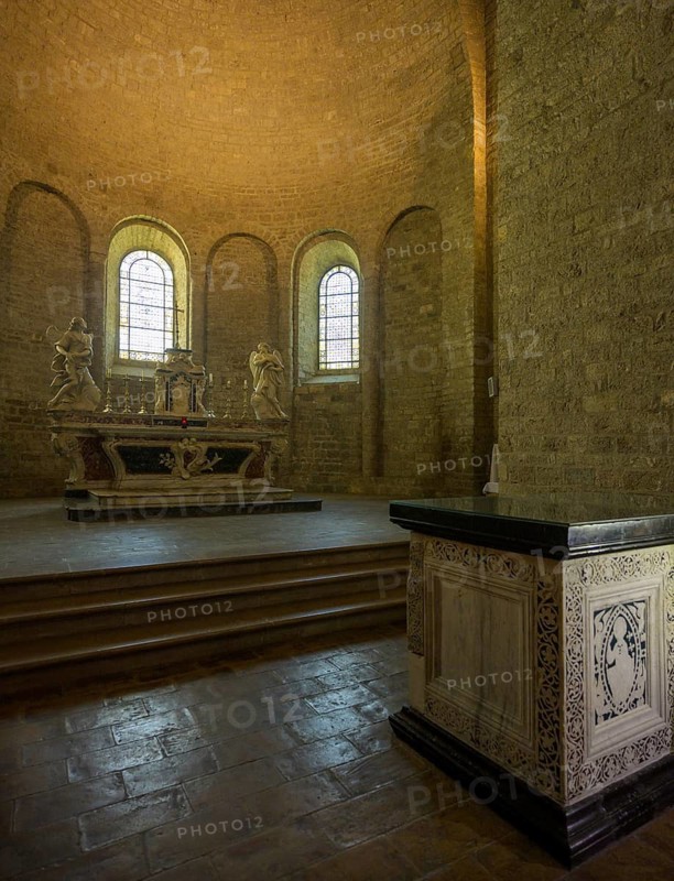 View of the altar in the Abbey of Gellone, also Saint-Guilhem-le-Désert Monastery, Département Hérault, France