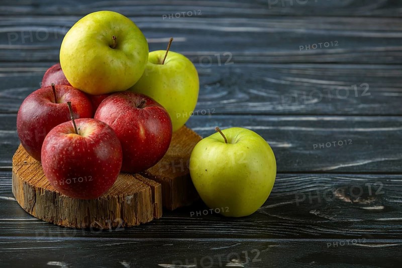 A pile of red and green apples on wood
