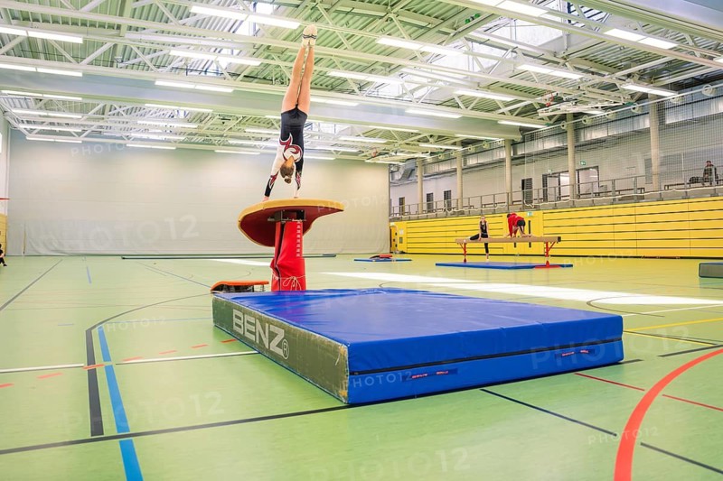 Gymnast doing handstands on a horse jump, gym with lines on the ground, Gymnastics, Calw, Germany