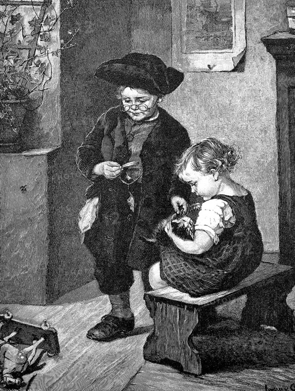 Doctor games, the children play vet and examine a cat, France, 1887, Historical, digital reproduction of an original from the 19th century