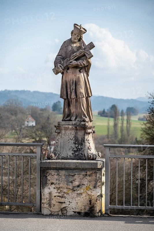 Statue of St. John of Nepomuk, patron saint of bridges, skippers and miller on the Rottweil high bridge, Rottweil district, Baden-Württemberg, Germany