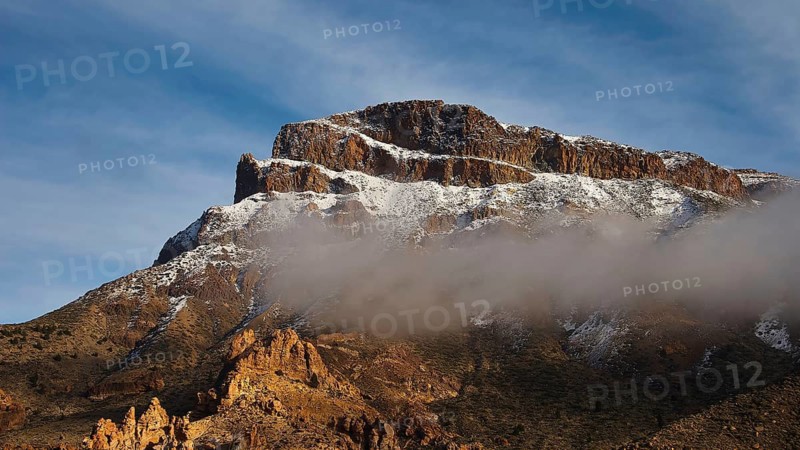Mountains covered in snow and clouds under blue sky, Teide, Parque Nacional del Teide, Teide National Park, volcano, volcanism, UNESCO World Heritage Site, Tenerife, Canary Islands, Spain