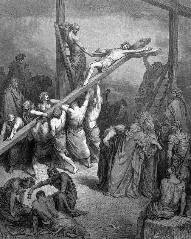 Jesus on the cross, exaltation of the Cross, John chapter 19, verse 18, skull place, Golgate, nail, body, loincloth, stand up, ladder, soldier, Jesus of Nazareth, king of the Jews, torture, Christian religion, Bible, New Testament, steel engraving Doré, historical illustration 1885