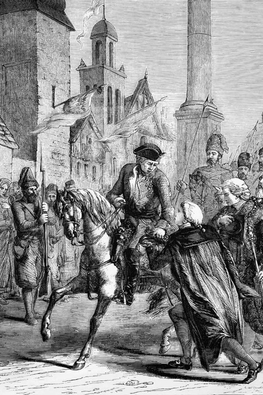 Russian troops march into Warsaw during the uprising of 1794, an armed uprising of the city's population. It was supported by the Polish army and aimed to remove Russian control over the Polish capital, Poland, digital reproduction of a historical model