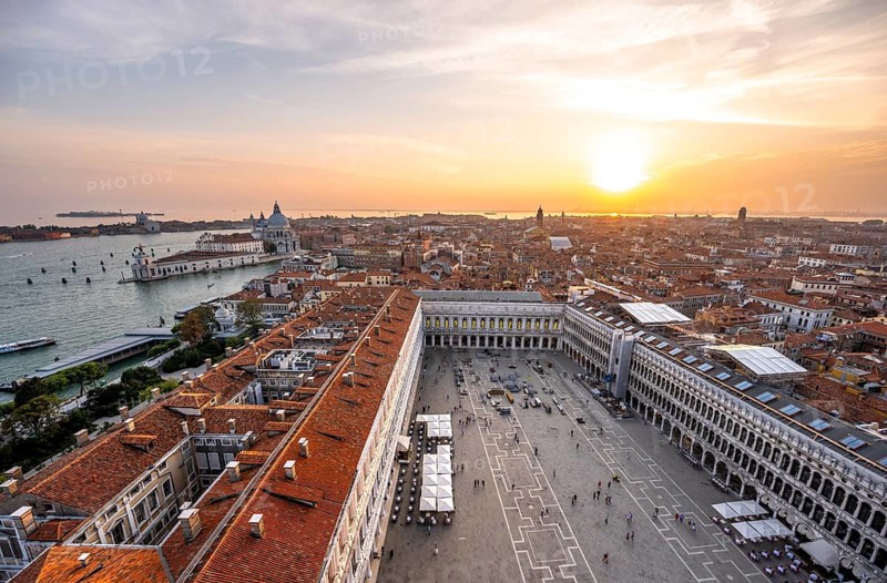 Panorama, St Mark's Square and Basilica di Santa Maria della Salute on the Grand Canal at sunset, view from the Campanile di San Marco bell tower, city view of Venice, Veneto, Italy