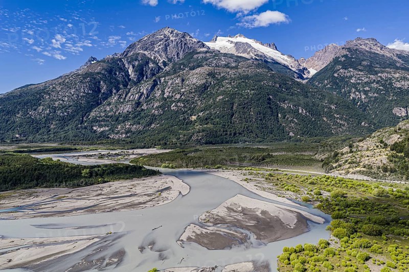 Road Carretera Austral, gravel road along river Rio Baker, south of Cochrane, aerial view, Patagonia, Chile
