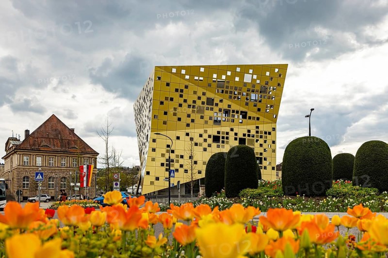 Distinctive building Forum Gold & Silver. The Gold and Silver Forum building, completed in 2014, has become a new landmark in the city as Swiss slate cheese. City view of Schwäbisch Gmünd, Baden-Württemberg, Germany