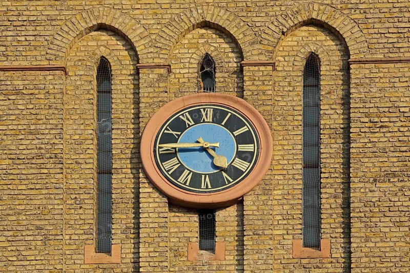 Church clock of St. Marien church, yellow brick church, Wiesbaden, Taunus, Hesse, Germany