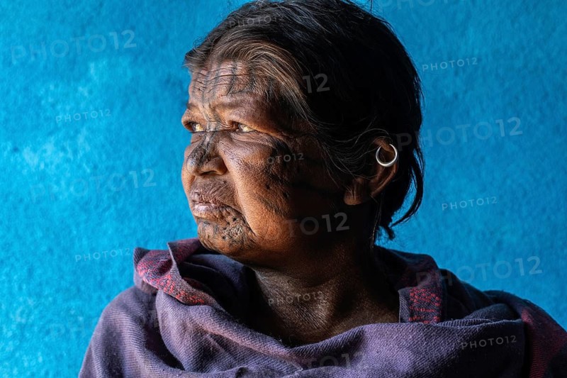 Portrait of a woman from the Kutia Kondh tribe (Odisha, India) . According to the tradition, Kutia Khond women get tattooed on the face. Tattoos imitate the tiger stripes