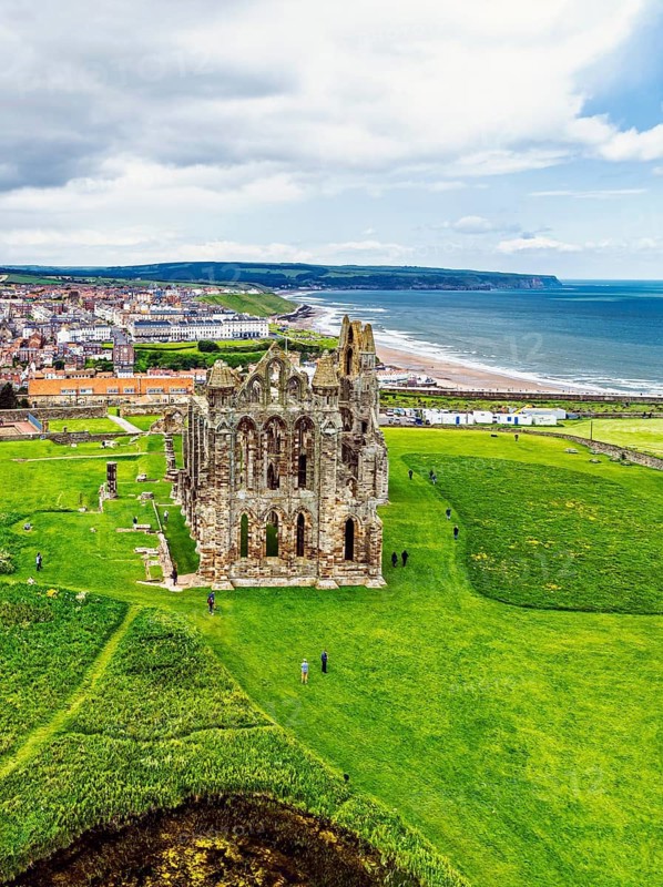 Whitby Abbey over River Esk from a drone, North Yorkshire, England, United Kingdom