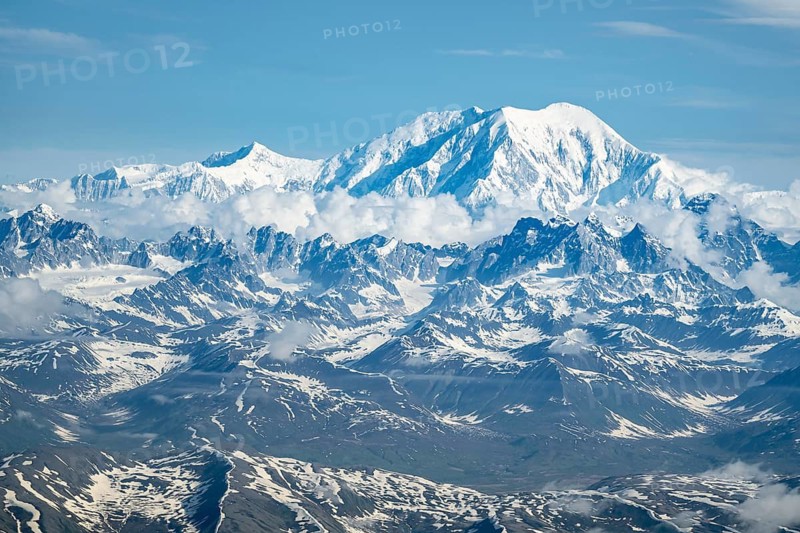 Clouds over high mountains, Mt Foraker, aerial view, Alaska Range, Denali National Park, Alaska, USA