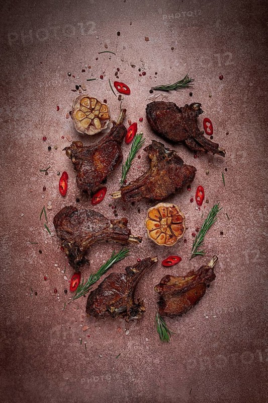Fried veal ribs, with spices, baked in the oven, homemade, no people