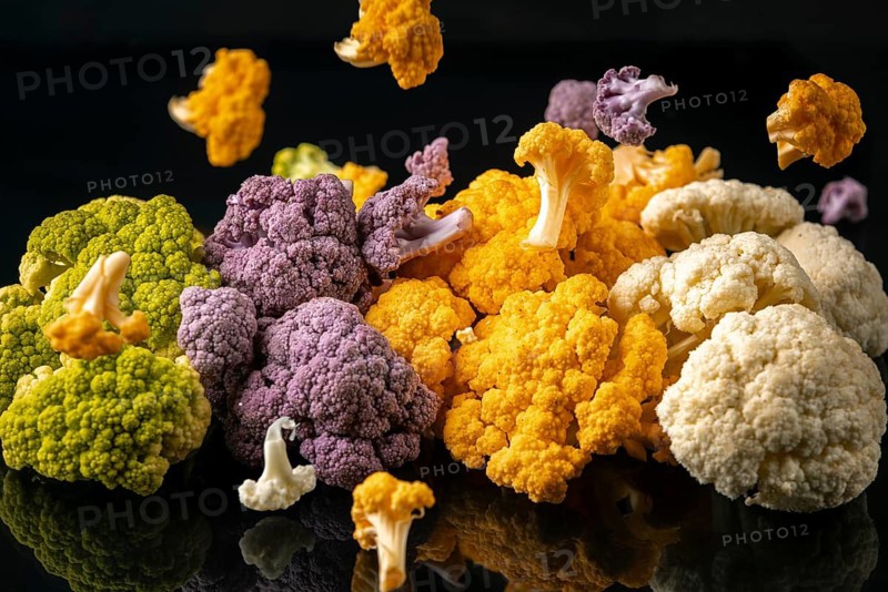 Colourful pieces of cauliflower float above an arrangement of cauliflower heads in different colors