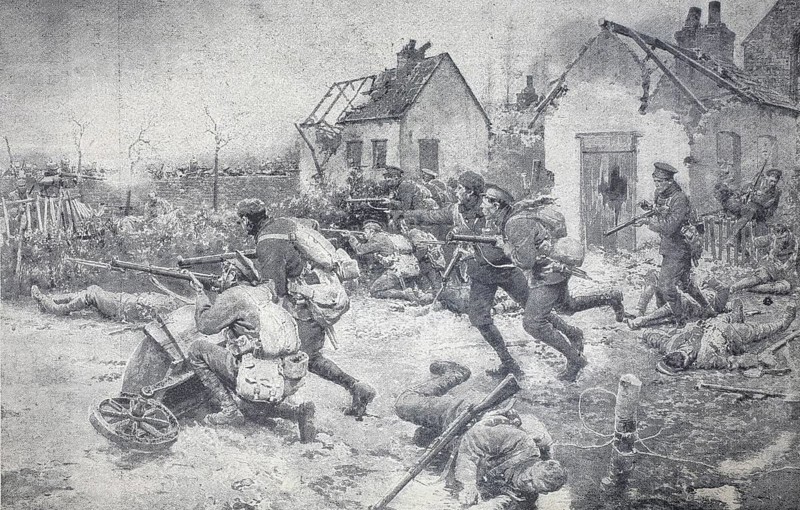 First World War, battle for a village in northern France, 1915, illustration, reproduction from a model from the 19th century. Authentic, file restored for optimal use, exact date of submission unknown, historical, soldiers walk through a destroyed village while buildings burn in the background