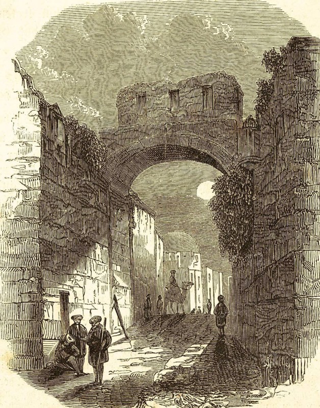 Via Dolorosa, the Way of Sorrows, Jerusalem, Passion of Jesus of Nazareth, Chapter, Verse, Gospel of John, City Wall, People, Camel Riders, Way of Cross, Passion, Passion, Easter, New Testament, Procession, Bible, Historical Illustration 1850