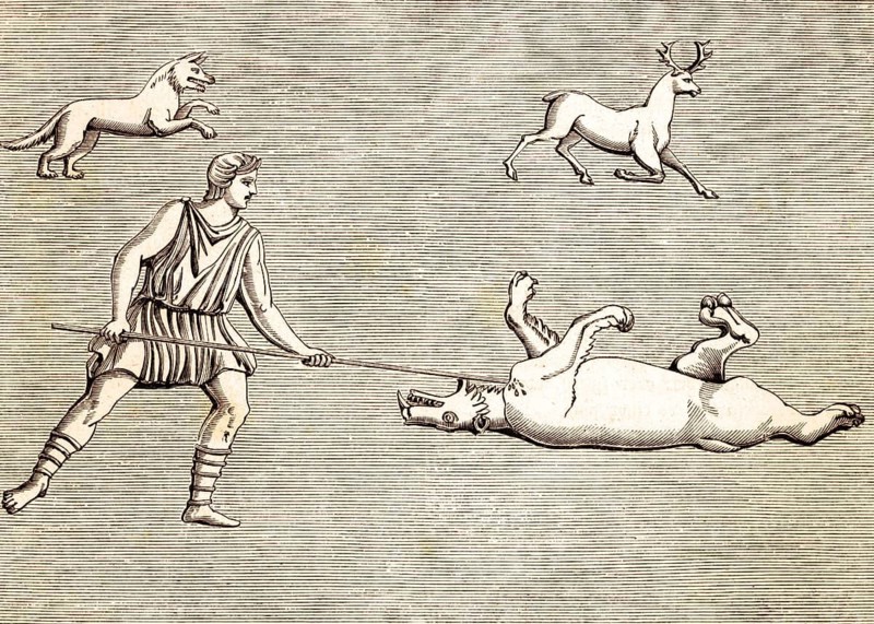 Fight with wild animals, after a relief on the tomb of Auricius Scaurus, Pompeii, Epistle Paul to the Corinthians, New Testament, letter, deer, bear, hunt, lance. Bible, historical illustration 1850