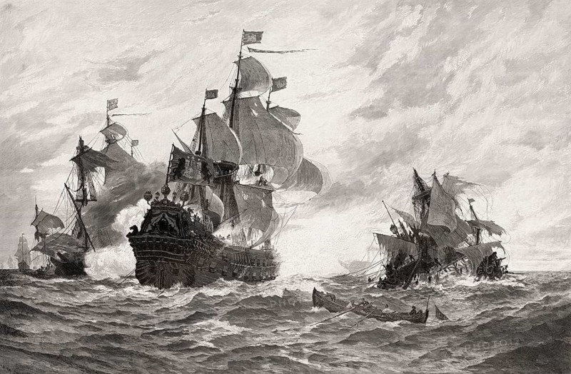 Naval battle, Wapen von Hamburg, Berend Jacobsen Karpfanger, 17th century