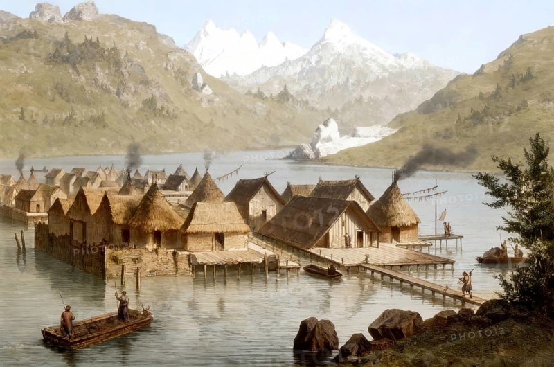 Historical illustration, 19th century, prehistoric pile dwellings in Switzerland around the Alps