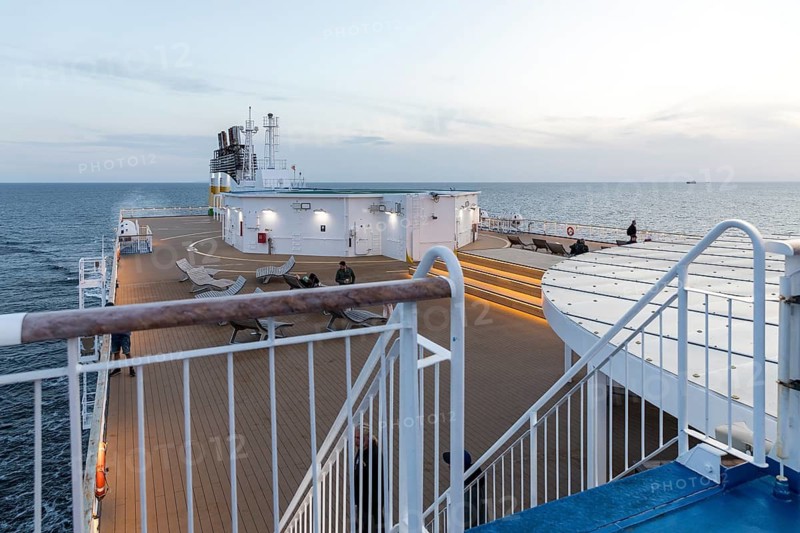Twilight on the upper deck of the TT-Line Nils Holgersson crossing the Baltic Sea from Rostock in Germany to Trelleborg in Sweden