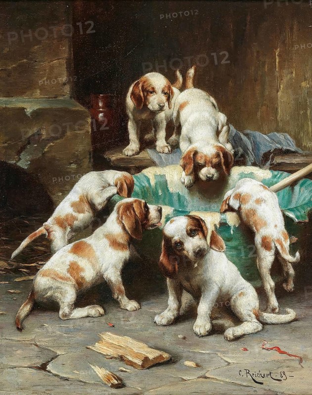Carl Reichert, Karl Reichert, pseudonym J. Hartung (born 27 August 1836 in Vienna, died 5 April 1918 in Graz) . Austrian painter, especially landscape painter and animal painter. Here his work:, Beagle Puppies Feasting (1889), Group of young beagle dogs crowding around a bowl, Painting, Reproduction of the painting, Work of art, Historical