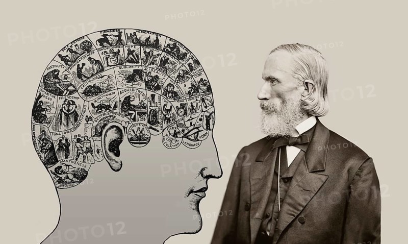 Orson Squire Fowler, 1809 – 1887, American phrenologist with a Phrenological Chart, head with mental and moral faculties