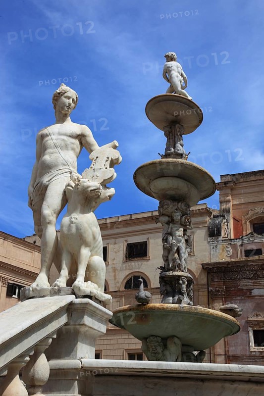 Old Town of Palermo, Statue of the Mannerist Fountain Fontana Pretoria in Piazza Pretoria, Sicily, Italy