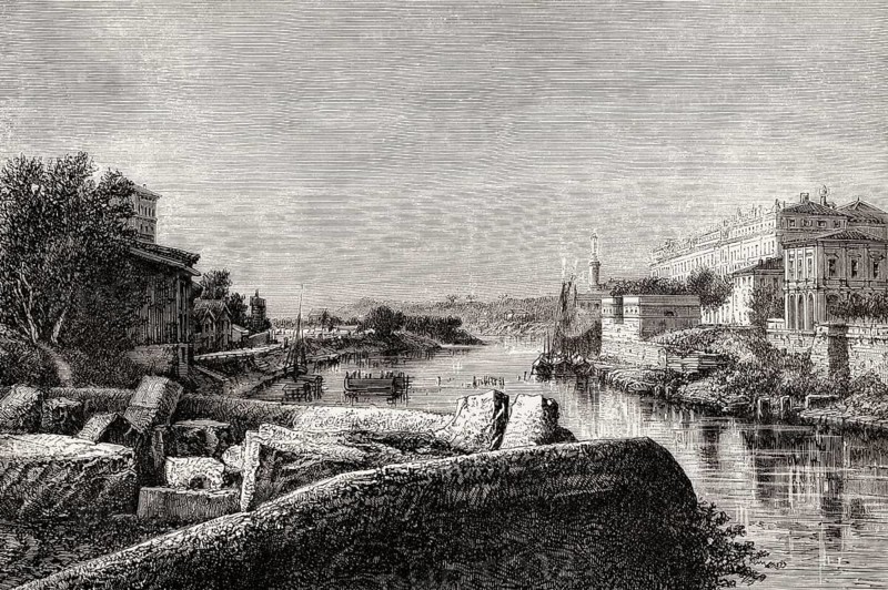 The Tiber river between St Michael Hospital and Aventine Hill, Rome, Italy, 19th Century