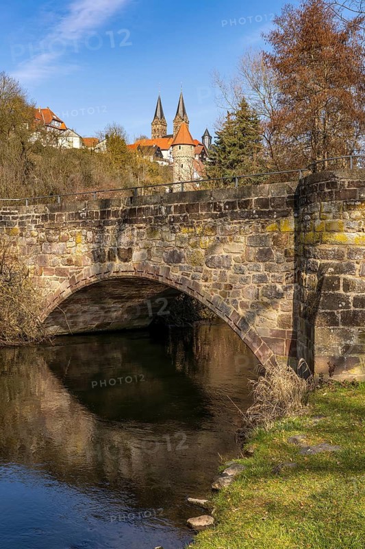 Bridge over the Mühlgraben and St Peter's Cathedral, Fritzlar, Schwalm-Eder district, Hesse, Germany