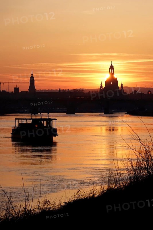 View of Church of Our Lady Dresden across the Elbe, sunset, winter, Saxony, Germany