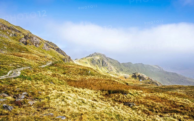 Pyg Track over Llyn Llydaw lake, Pen-y-Pass, mountain pass, Snowdonia, Gwynedd, north-west Wales, UK