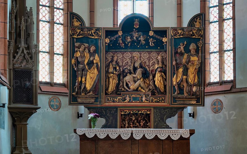 Interior view, purgatory, depiction of hell in the predella of the high altar in the choir, winged altar, Lutheran town church, Bad Wimpfen, Kraichgau, Baden-Württemberg, Germany