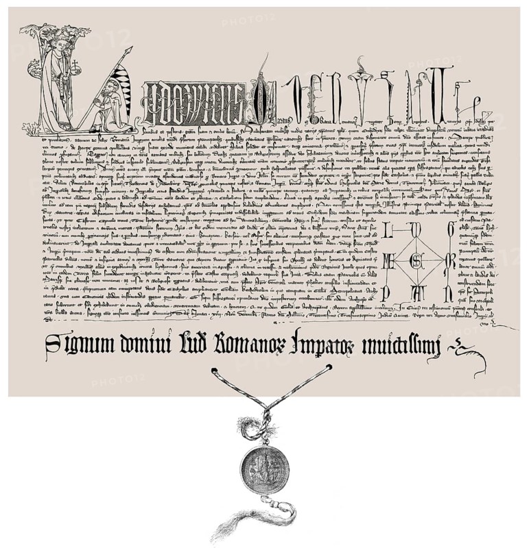 Facsimile of a certificate with the Golden Bull by Louis IV, 1282-1347, called the Bavarian, house of Wittelsbach, Holy Roman Emperor