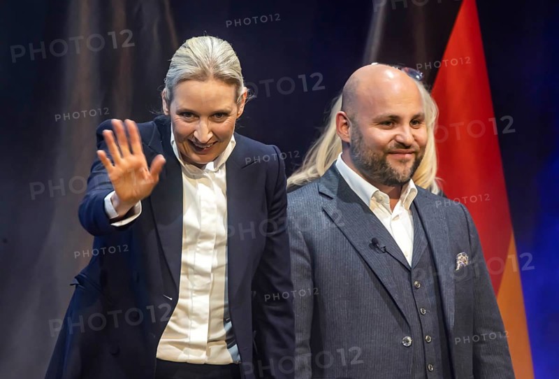 Campaign event for the state election of the AfD party at the Congress Centre Pforzheim CCP. Markus Frohnmaier (MdB, right) is the leading candidate for the office of Minister President in Baden-Württemberg. Alice Weidel, co-chair of the parliamentary group of the right-wing populist and far-right party Alternative for Germany AfD. Federal spokesperson of the party. Pforzheim, Baden-Württemberg, Germany
