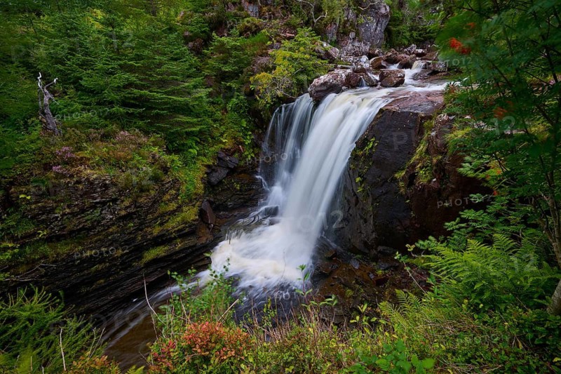 Waterfall flows over rocks in the midst of lush forest, Victoria Falls, Slattadale, Achnasheen, Scotland, United Kingdom, United Kingdom