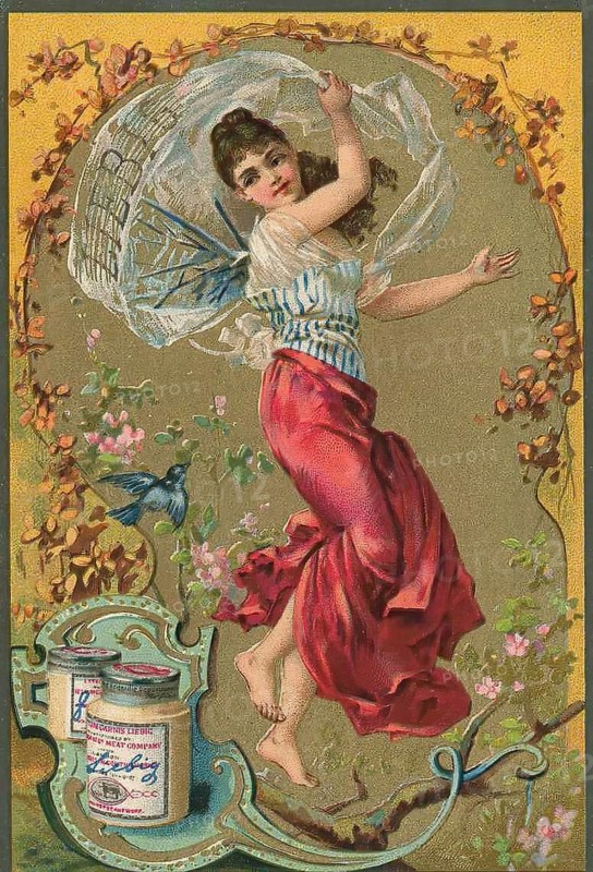 Series of pictures of cheerful, carefree woman, Liebig picture, digitally restored reproduction of a collector's picture from around 1900, public domain, exact date unknown, woman dancing with a transparent umbrella, surrounded by flowers and a bird