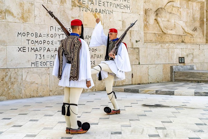 The traditional changing of the guard of the Evzones in front of the Greek Parliament in the Greek capital Athens, Greece