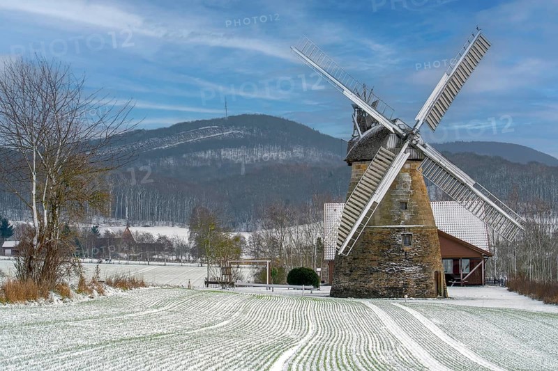 Windmill winter snow icebergs Porta Westfalica Germany