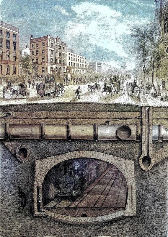 Above and below ground in London, coloured woodcut from 1864, A busy street with carriages above a detailed underground canal system