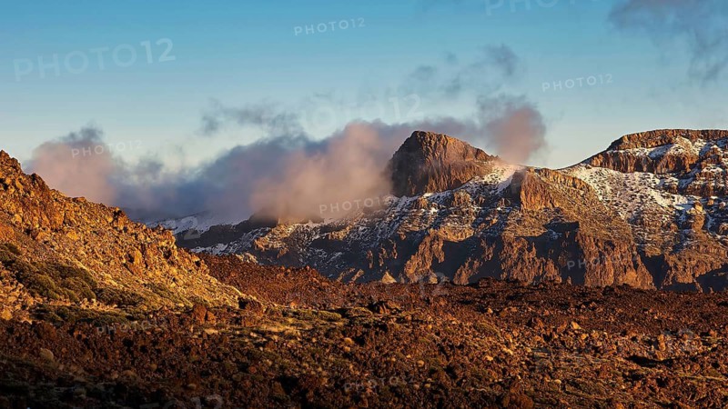 Mirador El Tabonal Negro, Caldera, view of snow-capped mountains with clouds in morning light, Teide National Park, Teide National Park, volcano, volcanism, UNESCO World Heritage Site, Tenerife, Canary Islands, Spain