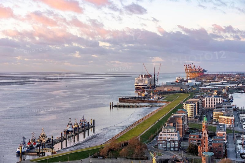 Disney Adventure cruise ship at Bremerhaven Cruise Port, MSC and Eurogate container terminal at Bremerhaven seaport, Eurogate container terminal with almost 50 container bridges, cranes, over a length of over 4 km at the mouth of the Weser, Bremerhaven, Bremen, Germany