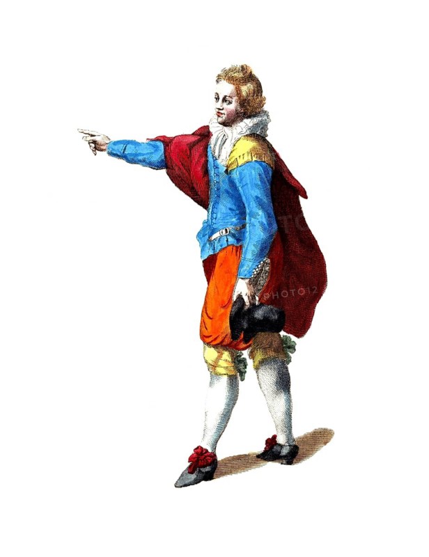 Historical clothing, fashion through the ages, clothing of a Spanish gentleman, around 1760, Spain, digitally restored reproduction of a model from the 18th/19th century, exact date unknown, man in blue and red costume, gesticulating with hat on white background
