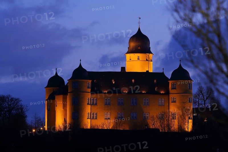 Baroque castle at dusk, landmark, night view, lighting, blue hour, Montabaur, Rhineland-Palatinate, Germany