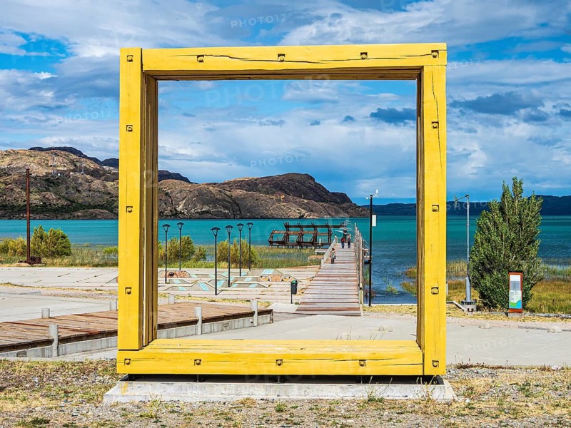 Oversized wooden frame, art object, pier at Puerto Ingeniero Ibanez, lake Lago General Carrera, Patagonia, Chile