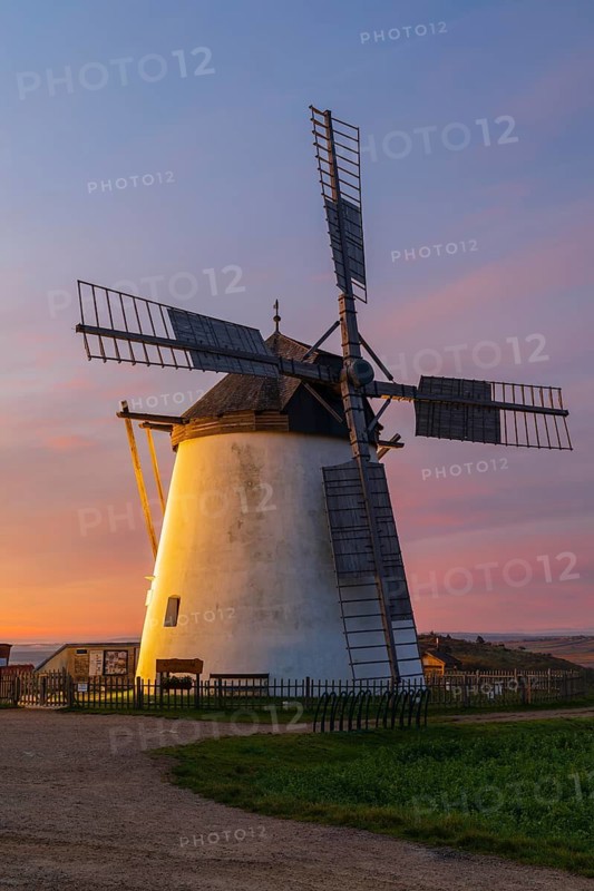 Sunrise. Windmill Retz, located in Lower Austria. The windmill is one of the last two operational windmills in Austria