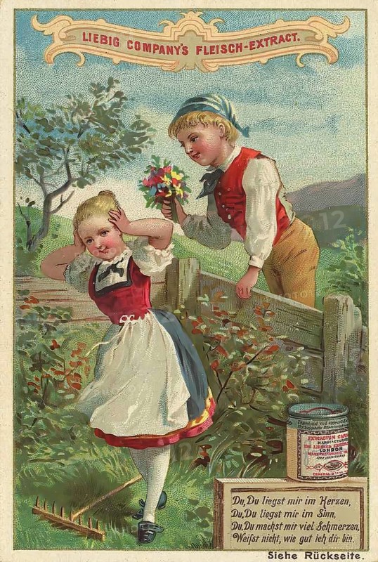 Picture series Children, Boy wants to flirt with the girl, but she covers her ears, Liebig picture, digitally restored reproduction of a collector's picture from around 1900, public domain, exact date unknown, A boy gives a bouquet of flowers to a girl. Both are standing by a hedge in a rural setting