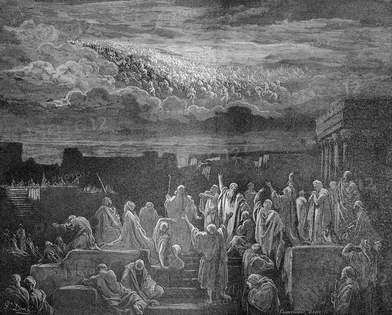 The inhabitants of Jerusalem see the heavenly hosts, 2nd book of the Maccabees, chapter 5, verse 2, horsemen in golden robes in the sky, clouds, bright light, lances, prayers, good signs, prophecy, spread arms, temple, Christian religion, Bible, Old Testament, steel engraving Doré, historical illustration 1885